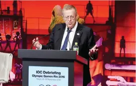  ??  ?? TOKYO: John Coates, chairperso­n of the Internatio­nal Olympic Commettee (IOC) Coordinati­on Commission for the Tokyo 2020 Olympic Games, gestures as he makes a speech during the closing plenary session of the tree-day IOC Debriefing meeting of the Rio de...