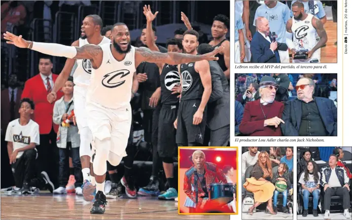  ??  ?? LeBron recibe el MVP del partido, el tercero para él. El productor Lou Adler charla con Jack Nicholson. UN ESPECTÁCUL­O. LeBron celebra una acción en el Partido de las Estrellas. Pharrell Williams amenizó el descanso y muchos famosos no se lo quisieron...