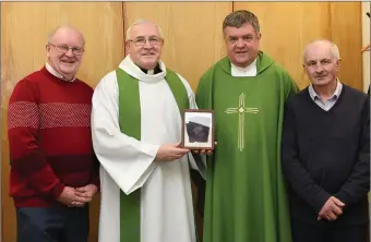  ?? Photo by Michelle Cooper Galvin ?? Fr John Kerin and Fr Kieran O’Brien with (left) Michael Clifford and (right) Jimmy Dennehy at the Mass with Padre Pio’s Glove in Church of the Resurrecti­on, Killarney on Monday.