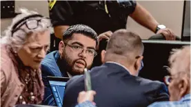  ?? Josie Norris/staff photograph­er ?? Jose Angel Ruiz listens to his defense attorneys Tuesday during the first day of his trial in the February 2022 death of 5-year-old Mercedes Losoya.