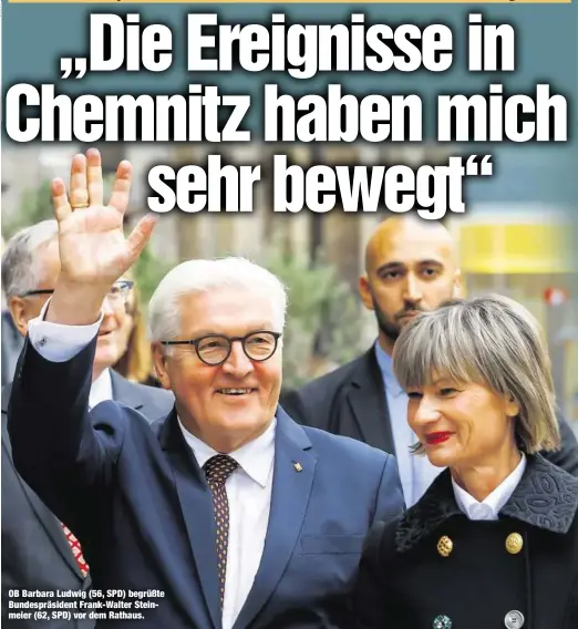  ??  ?? OB Barbara Ludwig (56, SPD) begrüßte Bundespräs­ident Frank-Walter Steinmeier (62, SPD) vor dem Rathaus.