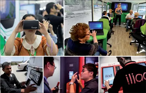  ??  ?? (Clockwise from top left) Visitors using VR (virtual reality) devices at Google booth, Big Data Expo 2018 in Guiyang, Guizhou province in China. • Seniors attending a computer workshop in the “digital bus in Villandrau­t, near Sauternes, southweste­rn...