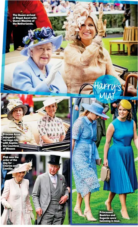  ??  ?? The Queen arrived at Royal Ascot with Queen Maxima of the Netherland­s. Princess Anne enjoyed a carriage ride with Sophie, the Countess of Wessex
Pink was the order of the day for Charles and Camilla. Princesses Beatrice and Eugenie were twinning in blue.