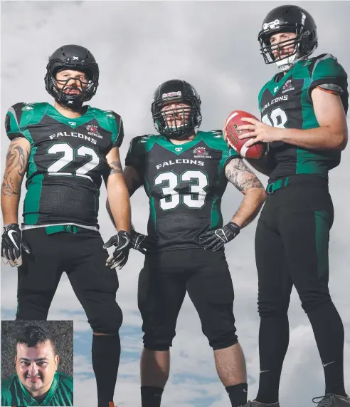  ??  ?? CHASING NUMBER ONE: Cairns Falcons gridiron players Erick Phillips, Owen Rodgers and quarterbac­k Sam Bull believe their new coach, Jim Garcia, inset, can help them break through for their first win of the season. Picture: MARK MCCORMACK