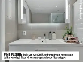  ?? ?? FINE FLISER: Badet var nytt i 2018, og fremstår som moderne og delikat – med grå fliser på veggene og matchende fliser på gulv.