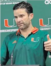  ?? JOHN MCCALL/STAFF FILE PHOTO ?? University of Miami defensive coordinato­r Manny Diaz says the Hurricanes intend to make life difficult for LSU QB Joe Burrow.