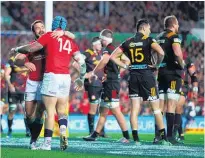  ?? Picture / Getty Images ?? Jack Nowell is congratula­ted by Greig Laidlaw after his first try.