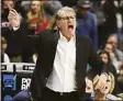  ?? Tyler Sizemore / Hearst Connecticu­t Media ?? UConn head coach Geno Auriemma shouts to his players during the NCAA women's basketball tournament Elite Eight matchup between No. 2 UConn and No. 1 NC State at Total Mortgage Arena in Bridgeport on Monday.