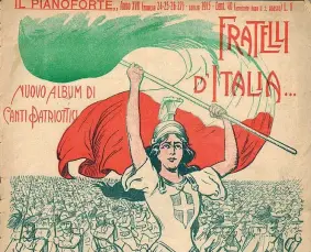  ??  ?? L’album La copertina di un album di canti patriottic­i del 1915 con la personific­azione dell’Italia con l’elmo di Scipio