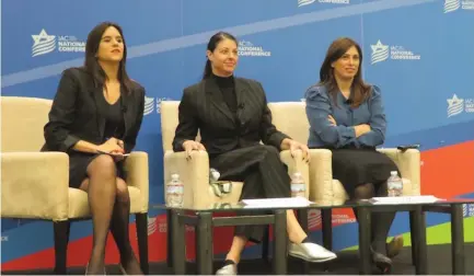  ?? (Ron Kampeas) ?? MODERATOR EMILY AMROUSI (left), MK Merav Michaeli (center) and Deputy Foreign Minister Tzipi Hotovely speak at the annual Washington conference of the Israeli American Council on Sunday.