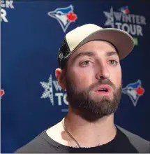  ?? Canadian Press photo ?? Kevin Pillar, the Toronto Blue Jays centre fielder, chats with reporters during a visit to Halifax on Friday.