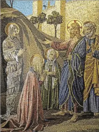  ?? Lawrence OP ?? Resurrecci­ón de Lázaro. Mosaico en la iglesia de San Aloisio, Glasgow (Escocia)