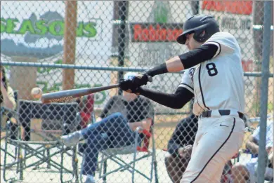  ?? Jeremy Stewart ?? Rockmart’s Sam Wilbanks connects for an RBI double in the first inning against LaFayette in a Region 6-3A game at Rockmart High School on Thursday, April 7. The Jackets enter this week atop the region standings with an 11-1 region record.