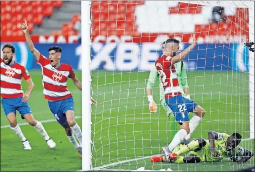  ??  ?? Carlos Fernández celebra el gol del empate del Granada, con Djené caído dentro de la portería.