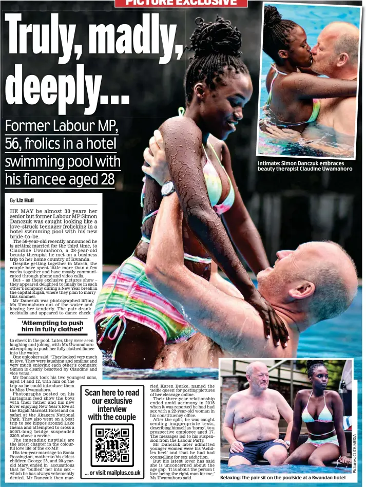  ?? ?? Intimate: Simon Danczuk embraces beauty therapist Claudine Uwamahoro
Relaxing: The pair sit on the poolside at a Rwandan hotel