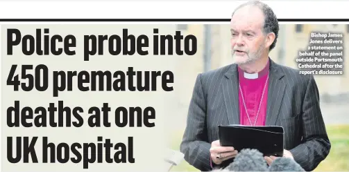  ??  ?? Bishop James Jones delivers a statement on behalf of the panel outside Portsmouth Cathedral after the report’s disclosure