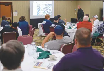  ?? STAFF PHOTO BY DARWIN WEIGEL ?? Brian Hedgecock of Paradigm Liaison Services talks about emergency response to natural gas pipeline incidents Oct. 6 in Solomons. The workshop was sponsored by Dominion Transmissi­on Inc.