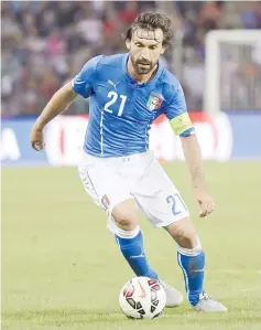  ?? — AFP photo ?? This file photo taken on June 16, 2015 shows Italy’s midfielder Andrea Pirlo controling the ball during a friendly football Portugal against Italy in Geneva.