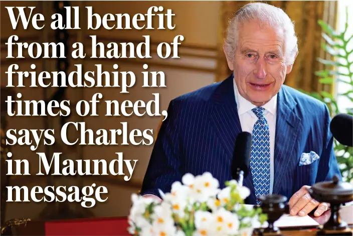  ?? ?? Poignant portrait: The King looking relaxed and in good spirits at Buckingham Palace. The picture will accompany his message at today’s Maundy Service