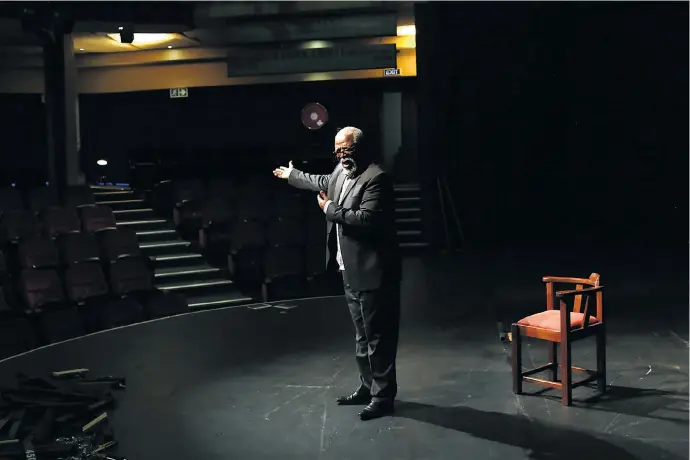  ?? Pictures: Alon Skuy ?? TREADING THE BOARDS John Kani, fresh from playing King T’Chaka in the ’Black Panther’ blockbuste­r, on the stage of the Market Theatre in Joburg where, he says, you can see the footprints of Maya Angelou and Sidney Poitier.