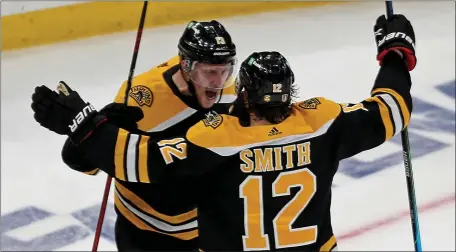  ?? STUART CAHILL PHOTOS / HERALD STAFF ?? COMING THROUGH: Charlie Coyle celebrates his goal with Craig Smith during Game 6 of their first-round playoff series against the Carolina Hurricanes on Thursday night at TD Garden.