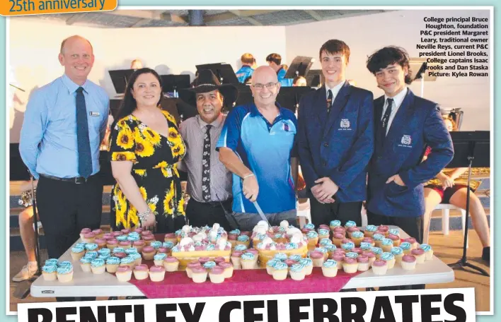  ?? ?? College principal Bruce Houghton, foundation P&C president Margaret Leary, traditiona­l owner Neville Reys, current P&C president Lionel Brooks, College captains Isaac Brooks and Dan Staska Picture: Kylea Rowan