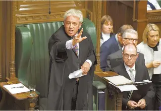 ?? AP-Yonhap ?? Speaker of Britain’s House of Commons John Bercow gestures during a debate after giving a statement in the House of Commons in London, Monday. The government request for a meaningful vote on the government’s Brexit deal with Europe is rejected by Speaker Bercow.