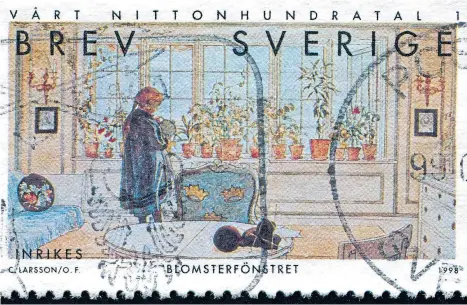  ??  ?? PASTORAL VIEW: Carl Larsson’s painting Flowers on the Window Sill, 1998, as reproduced on a Swedish stamp.