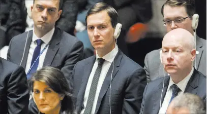  ?? Mary Altaffer ?? The Associated Press Jared Kushner listens as Palestinia­n President Mahmoud Abbas speaks during a Security Council meeting Tuesday at U.N. headquarte­rs.