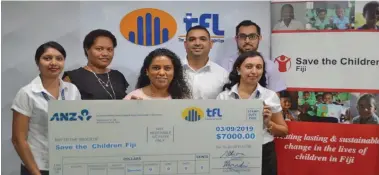  ?? Photo: Telecom Fiji ?? Save the Children Fiji CEO Shairana Ali receives the $7000 donational from Telecom Fiji staff,