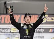  ?? Isaac Brekken/Associated Press ?? Kurt Busch celebrates after winning a NASCAR Cup Series auto race in 2020, in Las Vegas. Busch’s career was prematurel­y curtailed from the lingering effects of a concussion suffered in a wreck during qualifying last summer at Pocono Raceway.