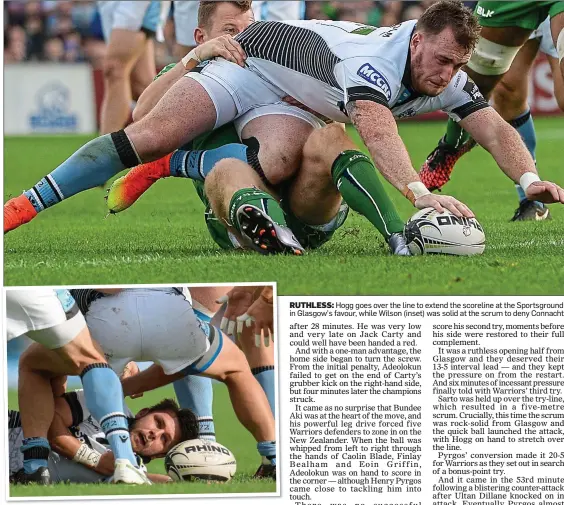  ??  ?? RUTHLESS: Hogg goes over the line to extend the scoreline at the Sportsgrou­nd in Glasgow’s favour, while Wilson (inset) was solid at the scrum to deny Connacht