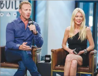  ?? The Associated Press ?? Ian Ziering, left, and Tara Reid discuss Sharknado 5: Global Swarming during an interview in New York. The movie premieres Sunday.