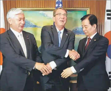  ??  ?? Carter meets with South Korea’s Minister of Defence Han Minkoo (right) and Gen Nakatani (left) for a trilateral at the IISS Shangri-La Dialogue in Singapore. — Reuters photo