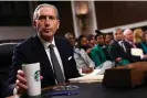  ?? Photograph: Julia Nikhinson/Reuters ?? Howard Schultz testifies about the company’s compliance with labor law before a Senate committee in March.