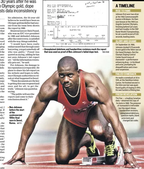  ?? GETTY THE STAR ?? Ben Johnson before the start of the controvers­ial 100m final race in Seoul, Korea. Unexplaine­d deletions and handwritte­n revisions mark the report that was used as proof of Ben Johnson’s failed dope test.