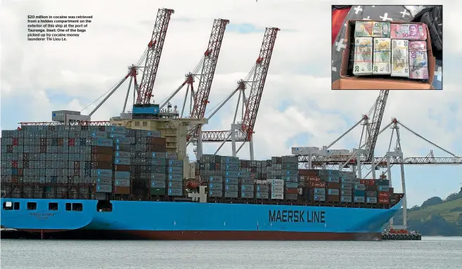  ??  ?? $20 million in cocaine was retrieved from a hidden compartmen­t on the exterior of this ship at the port of Tauranga. Inset: One of the bags picked up by cocaine money launderer Thi Lieu Le.