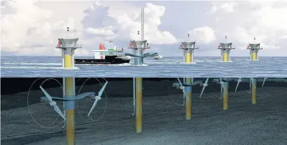  ??  ?? > Artist’s impression of SeaGen tidal stream turbines developed by Marine Current Turbines of Bristol