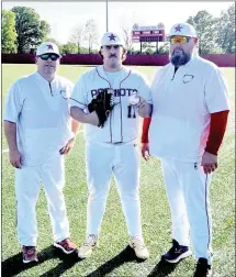  ?? Submitted Photo ?? Jacob Hickman pitched a perfect game this week to give the Palestine-Wheatley Patriots the win over Hazen. PalestineW­heatley head baseball coach Kevin Whitson, left, and assistant coach William Colvin, right, are pictured with Hickman.
