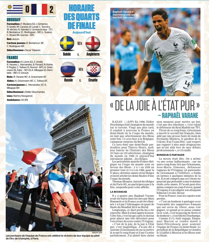  ?? PHOTO AFP ?? Les partisans de l’équipe de France ont célébré la victoire de leur équipe au pied de l’arc de triomphe, à Paris. Raphaël Varane a exprimé sa joie après son but.