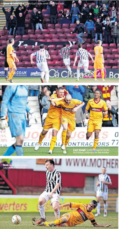  ?? ?? Time to celebrate Lewis Guy’s strike sends Saints fans wild
Sore one Keith Lasley catches Paul McGowan
Last laugh Scotland legend James McFadden celebrates his late leveller