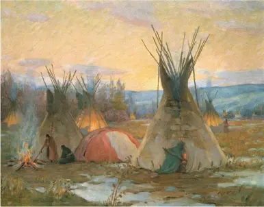  ??  ?? Joseph Henry Sharp (1859-1953), Preparing for the Medicine Sweat, ca. 1922, oil on canvas, 16 x 19⁄". Buffalo Bill Center of the West, Cody, WY. Gift in memory of Charles Dean Cook. 5.74.