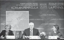  ?? Jonathan Hayward Associated Press ?? U.S. SECRETARY of State Rex Tillerson is f lanked by South Korea’s Kang Kyung-wha, left, and Canada’s Chrystia Freeland at the 20-nation meeting.