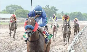  ?? LIONEL ROOKWOOD/PHOTOGRAPH­ER ?? ALEXANDRA (Anthony Thomas) powering to victory in the John Clifton Wright Memorial Trophy over 1200 metres at Caymanas Park, yesterday.