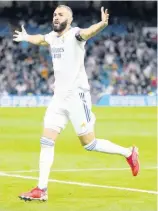  ?? AP ?? Real Madrid’s Karim Benzema celebrates after scoring his team’s fifth goal during a Spanish La Liga match between Real Madrid and Mallorca at the Bernabeu stadium in Madrid, Spain, Wednesday, September 22, 2021.