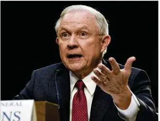  ?? OLIVIER DOULIERY / ABACA PRESS ?? Attorney General Jeff Sessions, testifying Tuesday before the Senate Intelligen­ce Committee, called suggestion­s he knew of or took part in any collusion a “detestable and appalling lie.”