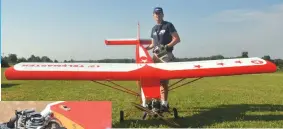  ??  ?? Above: Whitney Philbrick shows off his giant flying engine test rig. Left: The front of the Giant Telemaster had to be modified to accommodat­e the big Moki radial engine.