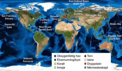  ?? SAGE JOURNALS/NASA/HEAD ET AL./AFTENBLADE­T ?? De 12 lokalitete­ne som er vurdert som geologiske «gylne nagler» som markerer overgangen til epoken antropocen.