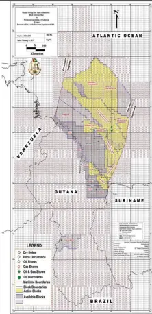  ??  ?? A GGMC map showing the distributi­on of petroleum-mining blocks up to February, 2017