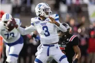  ?? The Associated Press ?? Georgia State quarterbac­k Darren Grainger (3) throws a pass against Ball State during the first half of the Camellia Bowl Saturday in Montgomery, Ala.